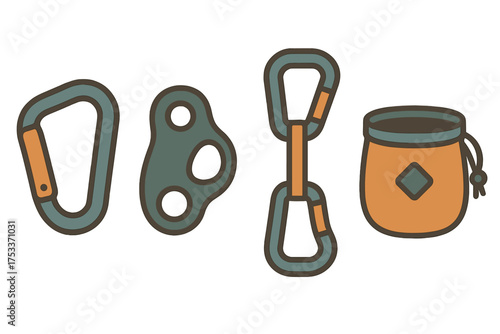 Essential rock climbing and mountaineering safety equipment including carabiners, belay device, and chalk bag