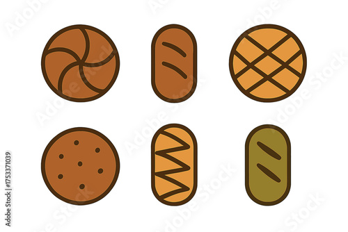 Set of baked goods including bread loaves, rolls, and cookies in flat design style