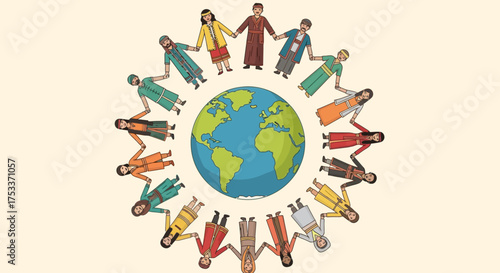 Diverse people from around the world holding hands in a circle around the Earth, symbolizing global unity and peace.