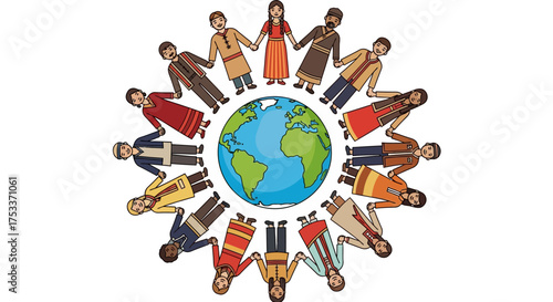 Illustration of diverse people holding hands around the globe, symbolizing unity and global community.