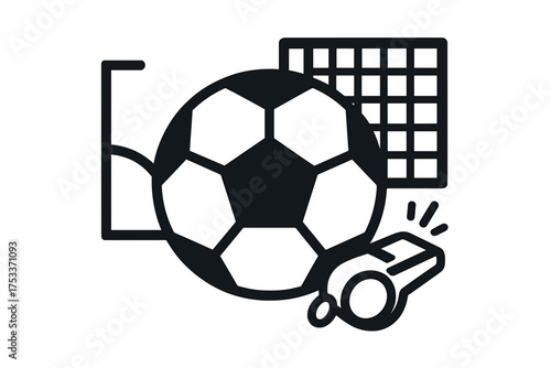 Essential soccer equipment set including ball, goal net, corner flag, and referee whistle