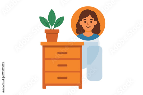 Smiling woman avatar profile next to a wooden dresser and potted houseplant on white background