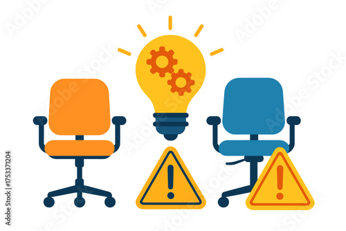 Two opposing office chairs facing a bright idea lightbulb and caution warning signs