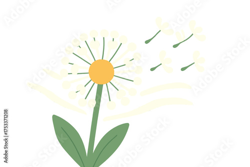 Dandelion seed head releasing fluffy seeds carried away by the gentle spring wind