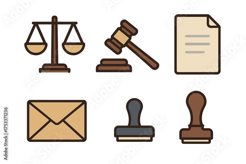 Legal and justice icons featuring gavel, scales, stamps, and official documents