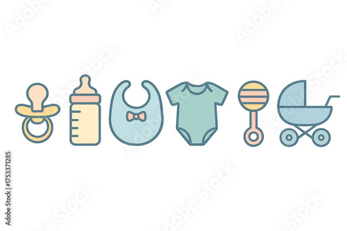 Collection of newborn baby accessories including pacifier bottle bib onesie rattle and stroller