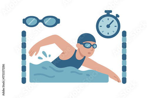 Competitive swimmer practicing the front crawl stroke in a swimming pool with a stopwatch
