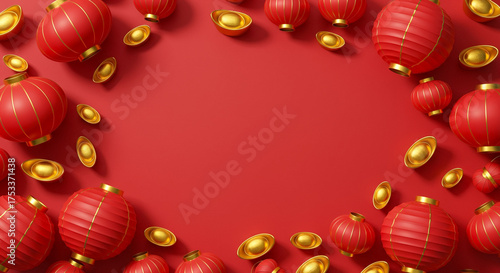 Red lantern decoration for Lunar New Year celebration with gold ingots on red background, festive Asian holiday theme
