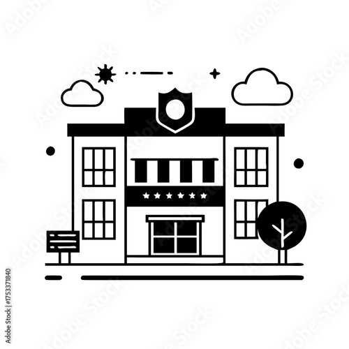 Illustration of a police station building with a shield on top