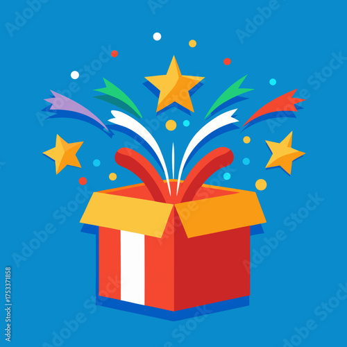 Unboxing joy with vibrant stars exploding from a gift, perfect for celebrations, special occasions, and adding a playful touch to any design project