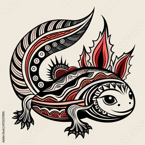 Intricate axolotl art, detailed pattern design, unique tribal amphibian illustration for creative projects, stunning, modern, elegant, vibrant, and dynamic