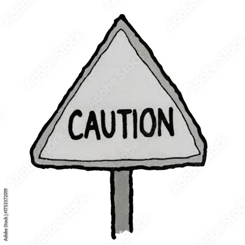 A simple handdrawn caution sign on a pole, isolated on transparent background