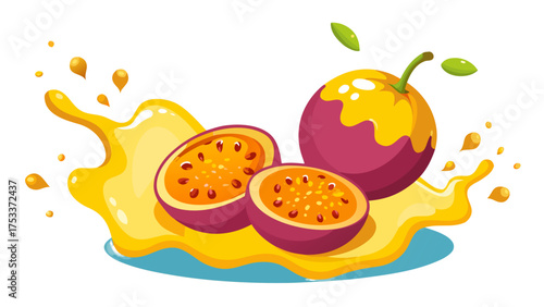 Vector illustration whole and slices passion fruits with liquid splashing, isolated on white background