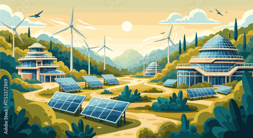 Discover eco-friendly innovation with solar panels and wind turbines powering modern buildings, creating a sustainable future powered by clean energy sources