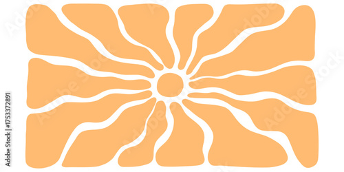 Retro sunshine burst vector pattern, wavy stripes and geometric rays in yellow tones. Abstract 70s summer background with funky circular shapes and groovy sunlight texture.