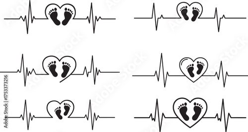 Six heartbeat ekg lines with baby footprints in heart silhouette