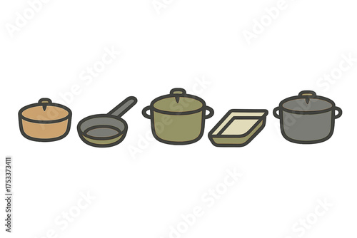 Essential kitchen cookware items set including pots, frying pan, and baking dish