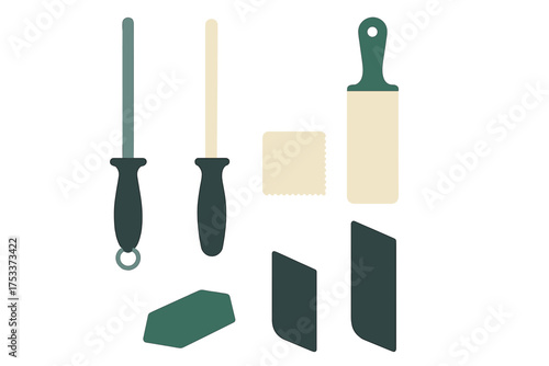 Essential equipment set for knife maintenance featuring honing steels, sharpening stone, and scraper