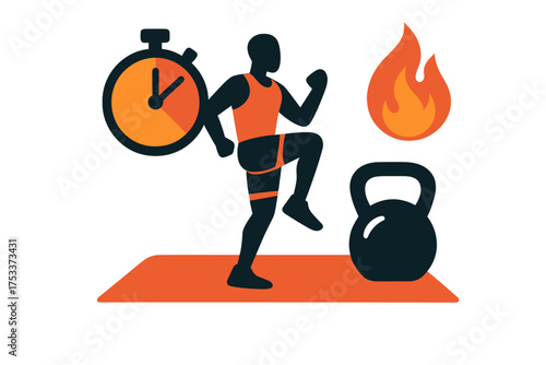 High-intensity interval training workout with person, stopwatch, kettlebell, and calorie burn icon
