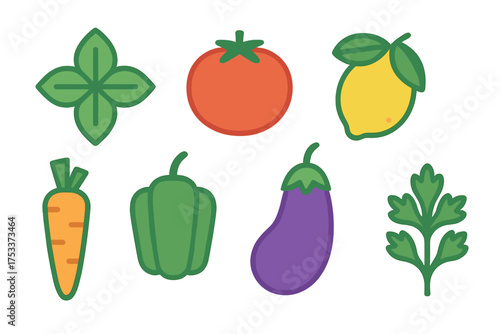Colorful fresh organic produce including tomato lemon carrot and eggplant