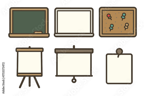 Essential teaching and presentation equipment including chalkboard, laptop, flip chart, and bulletin board
