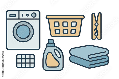 Collection of household laundry essentials: washing machine, clothes basket, detergent bottle, and folded towels