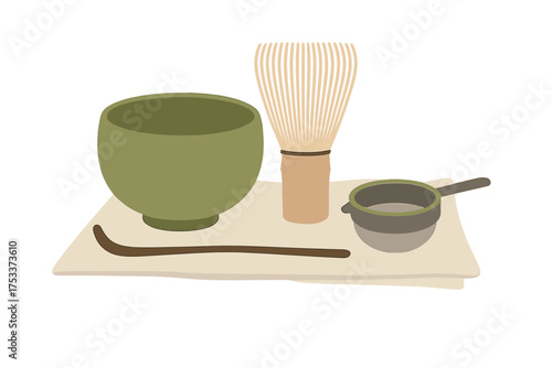 Traditional Japanese matcha tea ceremony set with bamboo whisk and green ceramic bowl