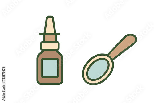 Nasal decongestant spray bottle and dosage spoon for measuring liquid medicine