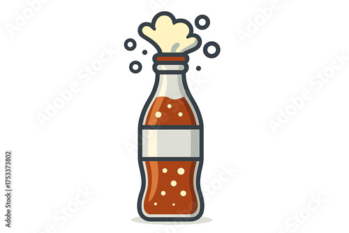 Traditional glass bottle with carbonated beverage explosion, effervescent foam and bubbles