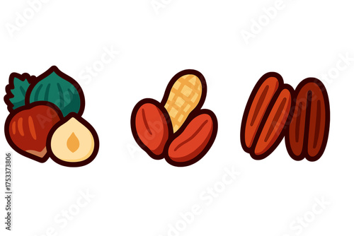 Collection of popular nuts including whole and shelled hazelnut, peanut, and pecan
