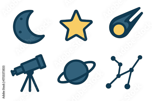 Set of astronomy symbols including crescent moon, bright star, comet, telescope, ringed planet, and constellation pattern