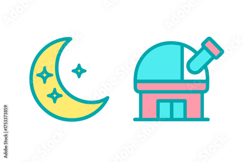 Bright crescent moon and stars next to an astronomical observatory dome building