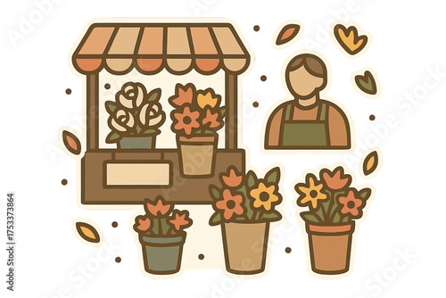 Boho style flower shop stand with various blooming potted plants and a friendly vendor