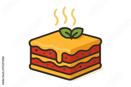 Steaming square piece of traditional Italian lasagna topped with melted cheese and fresh basil
