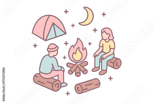 Two people sitting around a warm bonfire at night during a peaceful camping trip