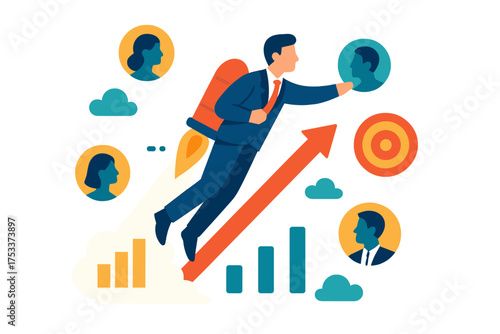 Professional achieving success and reaching targets with rocket propulsion and team support