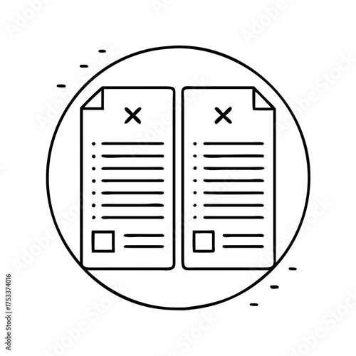 Vector art of two rejected documents with cross marks and checklist items in black and white style