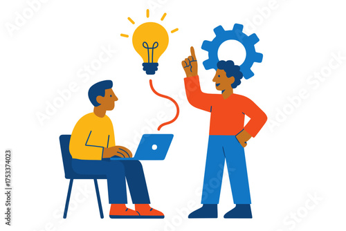 Two colleagues sharing ideas and developing a new concept during a business meeting