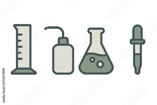 Set of essential chemistry laboratory glassware including graduated cylinder, flask, wash bottle, and dropper