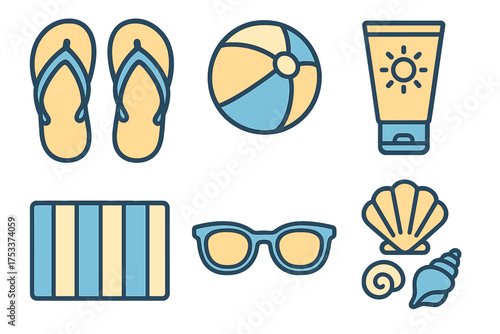 Essential summer vacation objects set including flip-flops, beach ball, sunscreen, towel, sunglasses, and shells