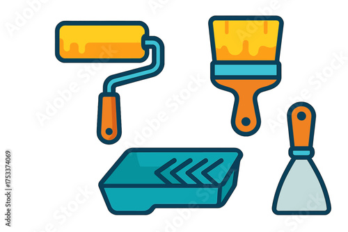 Essential tools for home renovation including paint roller brush tray and scraper