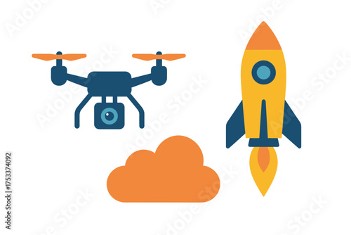 Set of modern technology symbols including a flying drone, cloud computing, and a launching space rocket