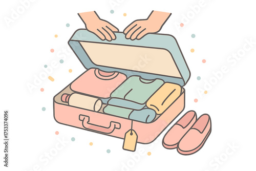 Hands folding clothes and personal items into an open suitcase for travel preparation