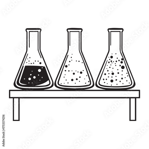 Three erlenmeyer flasks with different liquids on a shelf isolated on white background the flasks contain different colored liquids and are arranged in a row on a shelf, perfect for science concepts