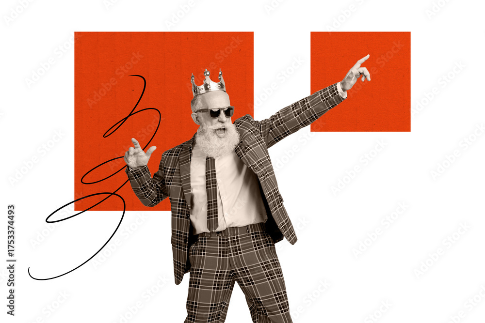 Fototapeta premium Composite photo collage of happy old gray haired man wear plaid suit dance party coronation prom crown king isolated on painted background