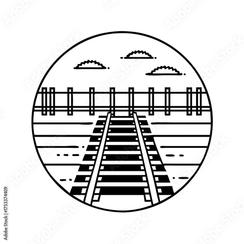 Vector art of a train track in a circle, showing the railway and the fence behind it
