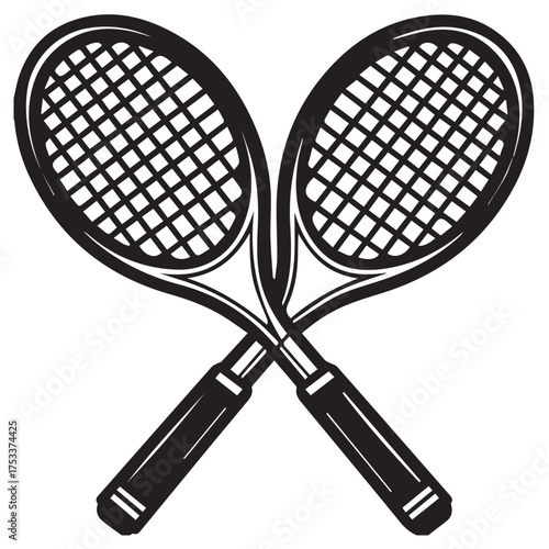 Two crossed tennis rackets isolated on white background create a dynamic composition, perfect for sports enthusiasts and graphic design projects, conveying energy and competition