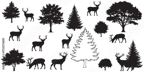 Set of deer in forest silhouettes vector
