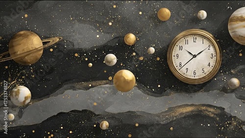 Planetary bodies and clock in artistic render against dark nebula