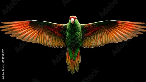 Vibrant parrot with open wings on black background
